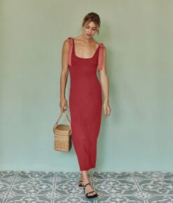 The Softest Ribbed Tie-Shoulder Maxi Dress - Lychee & Pomegranate