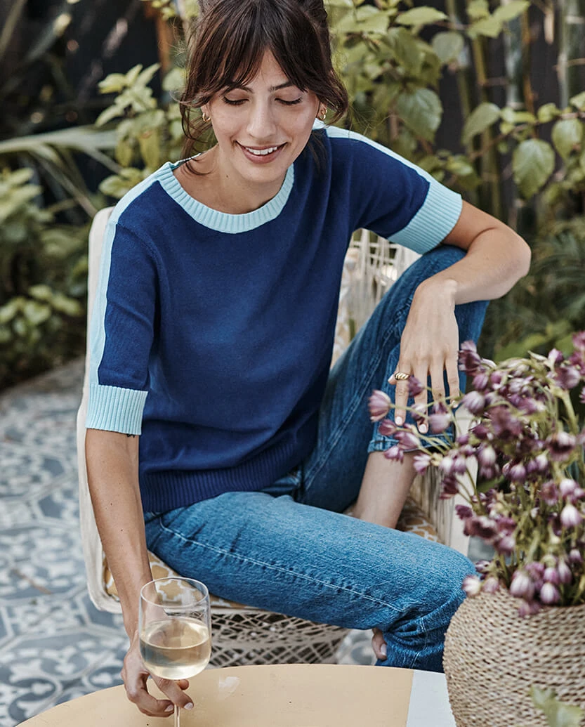 The Colorblock Crew Short Sleeve Sweater - Deep Sea & Sky 1 The Colorblock Crew Short Sleeve Sweater - Deep Sea & Sky