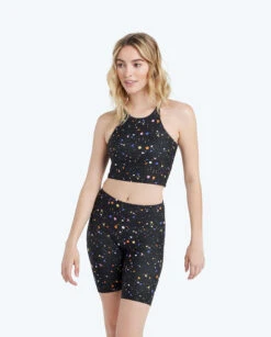 The High Neck Midi Sports Bra Tank - Paint Splatter In Sea Urchin