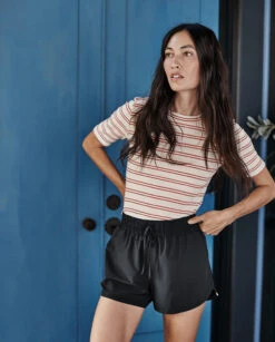 The Softest Ribbed Elbow Sleeve T-Shirt - White Sand & Berry Stripe