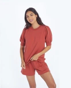 The Softest French Terry Puff Short Sleeve Top - Terracotta