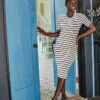 The Softest Ribbed Crew Neck Dress - White Sand & Deep Sea Stripe