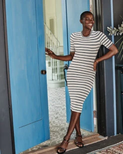 The Softest Ribbed Crew Neck Dress - White Sand & Deep Sea Stripe