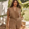 The Towel Terry V-Neck Romper - Toffee