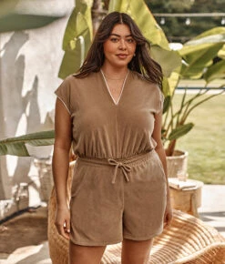 The Towel Terry V-Neck Romper - Toffee
