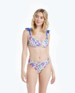 The Tie Marina Bikini Top - Scroll Block Print In Violet & Lava
