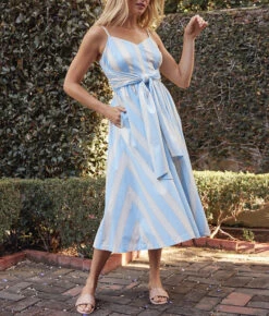 The Coastal Poplin Tie-Waist Midi Dress - Cabana Stripe In Sand Dollar & Sky -Cheap Sunset Bikini Store 2 ModelBack 7b941491 daf3 4917 a0ce b0702b678d3f