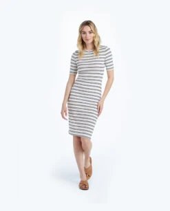 The Softest Ribbed Crew Neck Dress - White Sand & Deep Sea Stripe -Cheap Sunset Bikini Store 3 ModelFullBody 3e6eae9f f577 45b5 8599 2ff608896261