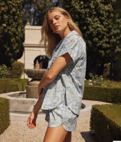 The Poolside Poplin Pull-On Shorts - Secret Garden In Powder Blue & Sage -Cheap Sunset Bikini Store 3 ModelFullBody 95c98e64 121b 42c6 837d 336ef0b21e79