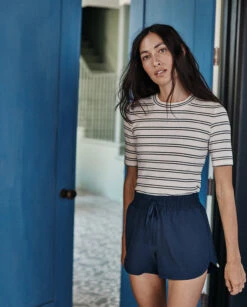 The Softest Ribbed Elbow Sleeve T-Shirt - White Sand & Deep Sea Stripe -Cheap Sunset Bikini Store 3 ModelFullBody 99d6ee0f ed4b 4132 8ca2 e798fbc49383