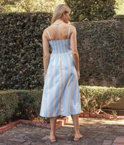The Coastal Poplin Tie-Waist Midi Dress - Cabana Stripe In Sand Dollar & Sky -Cheap Sunset Bikini Store 3 ModelFullBody a32682d2 b943 41d4 af6e 908c7c02c5dd