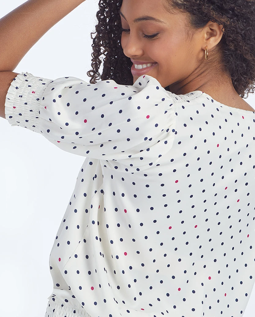 The Silky V-Neck Puff Sleeve Top - White Sand Dot 4 The Silky V-Neck Puff Sleeve Top - White Sand Dot - Image 4