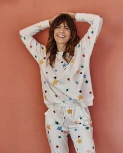 The Softest French Terry Relaxed Crew - Scatter Stars In White Sand
