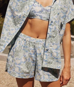 The Poolside Poplin Pull-On Shorts - Secret Garden In Powder Blue & Sage -Cheap Sunset Bikini Store 4 ModelDetail a652916b 9a7f 4418 8492 cb826a00f8a8