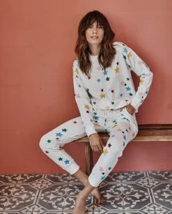 The Softest French Terry Jogger - Scatter Stars In White Sand