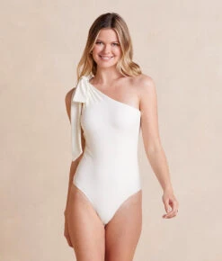 The Bow-Shoulder Ruched Sidestroke - White Sand 9 The Bow-Shoulder Ruched Sidestroke - White Sand -Cheap Sunset Bikini Store BowShoulderRuchedSidestroke WhiteSand Front