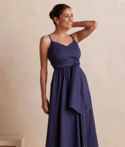 The Coastal Poplin Tie-Waist Midi Dress - Midnight -Cheap Sunset Bikini Store CoastalPoplinTie WaistMidiDress Midnight Front