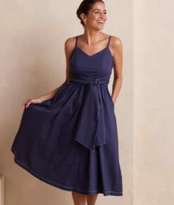 The Coastal Poplin Tie-Waist Midi Dress - Midnight -Cheap Sunset Bikini Store CoastalPoplinTie WaistMidiDress Midnight Front Crop