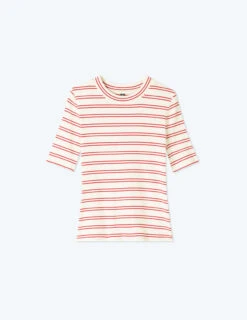 The Softest Ribbed Elbow Sleeve T-Shirt - White Sand & Berry Stripe -Cheap Sunset Bikini Store FlatLay 38