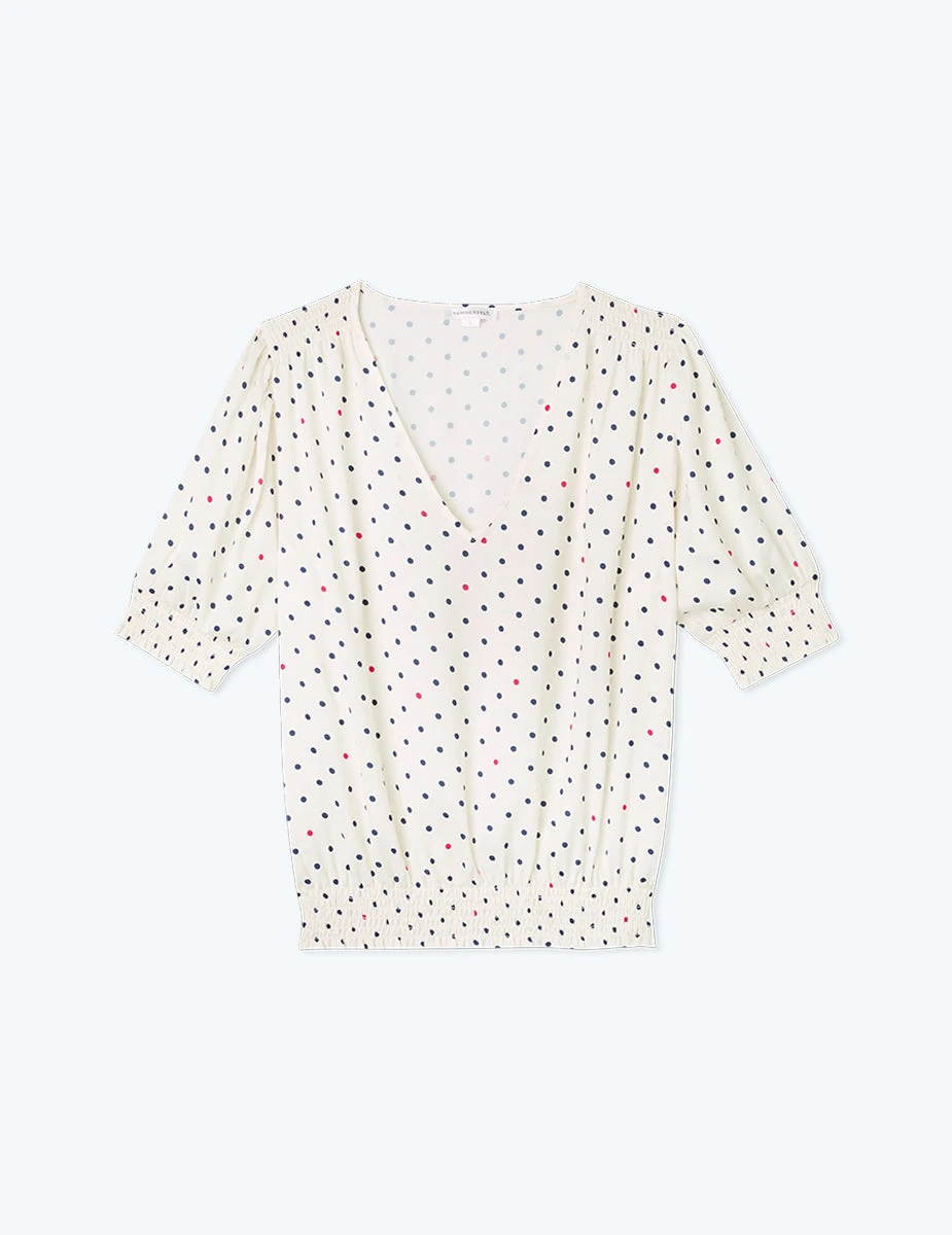 The Silky V-Neck Puff Sleeve Top - White Sand Dot 6 The Silky V-Neck Puff Sleeve Top - White Sand Dot - Image 6