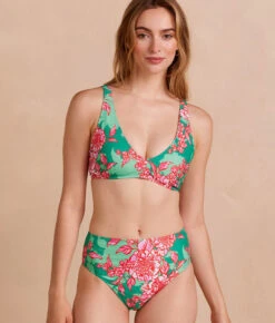 The Tide Scoop Neck Bikini Top - Burst Floral In Azalea And Seaglass