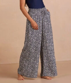 The Silky Luxe Palazzo Pants With Ties - Beach Botanical In Deep Sea -Cheap Sunset Bikini Store PDP Palazzo Pant Front Crop