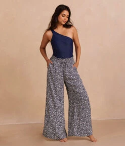 The Silky Luxe Palazzo Pants With Ties - Beach Botanical In Deep Sea -Cheap Sunset Bikini Store PDP Palazzo Pant Front Full 1