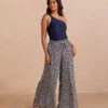 The Silky Luxe Palazzo Pants With Ties - Beach Botanical In Deep Sea