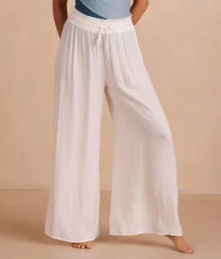 The Silky Luxe Palazzo Pants With Ties - White Sand 7 The Silky Luxe Palazzo Pants With Ties - White Sand -Cheap Sunset Bikini Store PDP PalazzoPantTies Front Crop