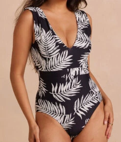 The Ruched Backflip - Palms In Sea Urchin & White Sand -Cheap Sunset Bikini Store PDP RuchedBackflip PalmsSeaUrchin Front Detail