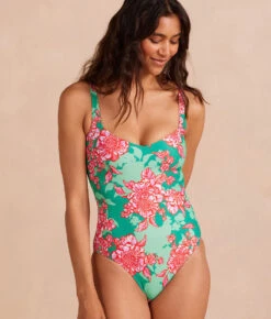 The Seascape Sweetheart One Piece - Burst Floral In Azalea And Seaglass