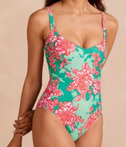 The Seascape Sweetheart One Piece - Burst Floral In Azalea And Seaglass -Cheap Sunset Bikini Store PDP SeascapeSweatheart Azaleas Seaglass Front Detail