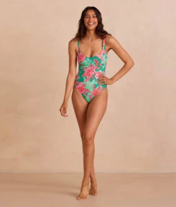 The Seascape Sweetheart One Piece - Burst Floral In Azalea And Seaglass -Cheap Sunset Bikini Store PDP SeascapeSweatheart Azaleas Seaglass Front Full