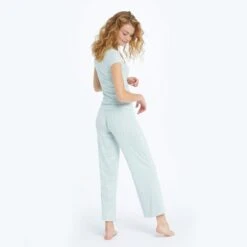 The Softest Ribbed Wide Leg Lounge Pant - Sage & White Sand Stripe -Cheap Sunset Bikini Store Pants Sage Back 4
