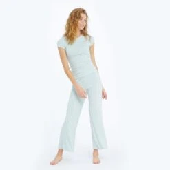 The Softest Ribbed Wide Leg Lounge Pant - Sage & White Sand Stripe -Cheap Sunset Bikini Store Pants Sage Front 4