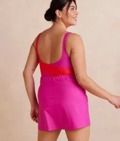 The Ruched Swim Skirt - Hibiscus -Cheap Sunset Bikini Store RuchedSwimSkirt Hibiscus Back Crop