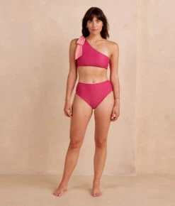 The Bow-Shoulder Ruched Sidestroke Bikini Top - Spritz & Carnation