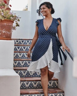 The Beach To Brunch Wrap Dress - Square Dot In Deep Sea & White Sand